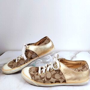 Coach Women's Bobbey Canvas Logo Metallic Gold Fashion Sneakers, Sz 8.5